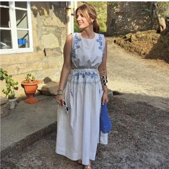 blue and white embroidered dress zara Engagement Photoshoot Floral Embroidery Lace Boho Maxi Party Dress  Homecoming – Shop Hearts main image 0